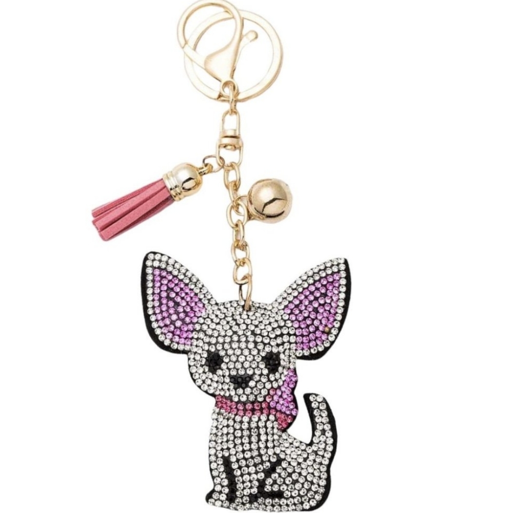 ⚡ LAST 1⚡Rhinestone Bling White & Pink Chihuahua Purse Charm/Keychain - Picture 1 of 2